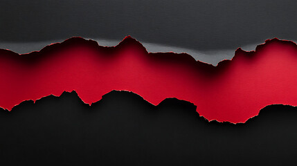 Fototapeta premium A horizontal strip of red torn paper exposing a black background with dramatic contrast, rugged edges, and a strong visual impact highlighting bold textures.