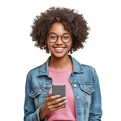 Happy young black woman in denim jacket, holding phone and smiling, isolated on a transparent background.
