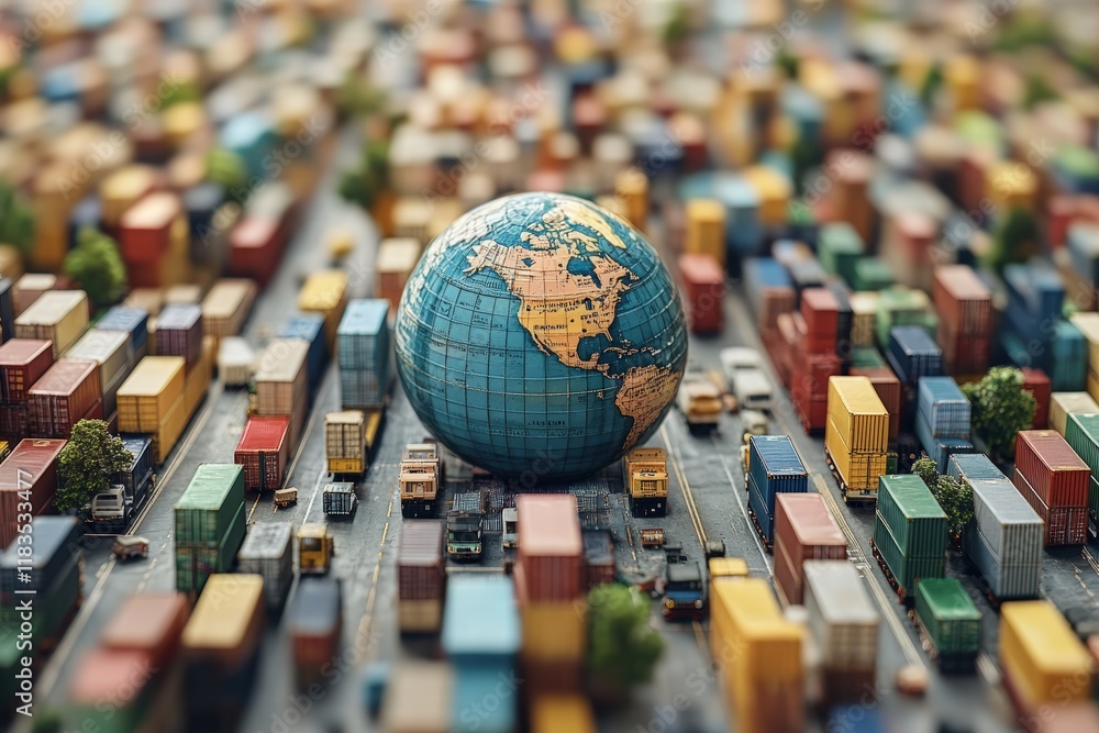 Poster globe surrounded by numerous global shipping containers in a vast logistics network depicting intern