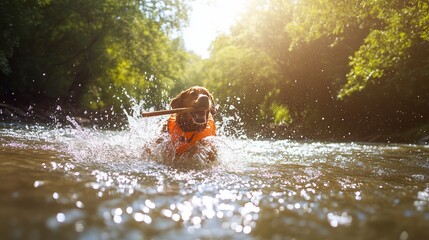 Fototapeta premium Golden Retriever's Joyful River Adventure: A Sunny Day of Playful Splashes and Fetch