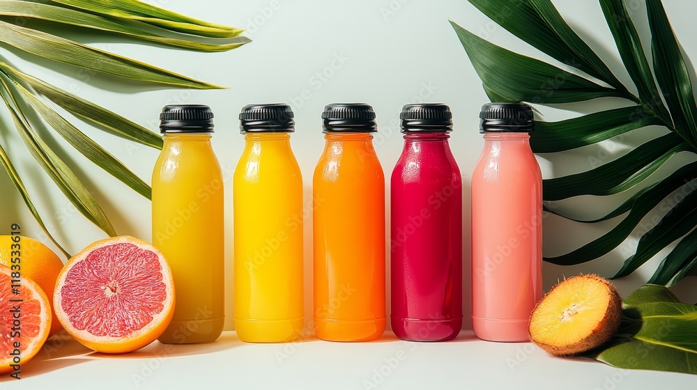 Poster row of six juice bottles with different colors and a few oranges and a kiwi