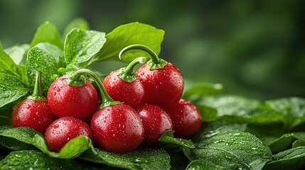 Close-up of fresh, red cherry peppers with water droplets on green leaves.