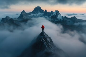 Lone adventurer silhouetted against the vast ethereal expanse of the alpine landscape reveling in the glory of a hard won summit