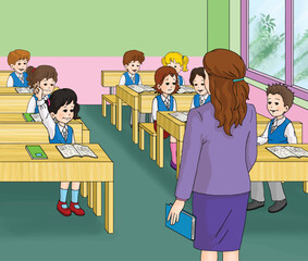 Cartoon. Little girl student raising her hand to answer a question asked by the teacher. Elementary school classroom.