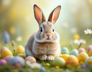 Fototapeta premium Adorable Easter Bunny Amidst Colorful Eggs in a Spring Meadow