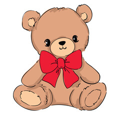 teddy bear and red bow vector hand drawn illustration cute print design for kids 