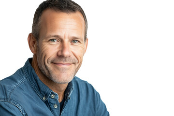 Smiling man in a blue shirt looks at the camera, isolated on a transparent background. Crisp, detailed, and professional portrait. 4K quality.