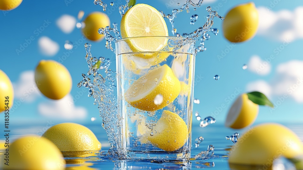 Poster glass of water with slices of lemon floating in it. the scene is lively and refreshing, with the lem
