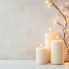 Warm candles illuminate serene space, creating cozy atmosphere with soft lighting. Perfect for love celebrations or intimate gatherings