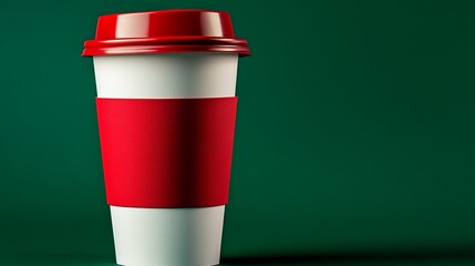 Red and white coffee cup with a red lid sits on a green background. The cup is empty and has a red sleeve