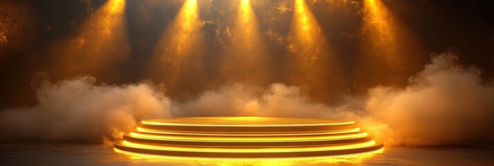 Golden Podium Illuminated by Dramatic Light and Surrounded by Smoke in a Dynamic Stage Setting for Celebrations and Events