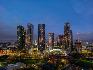 Mancheter cityscape at dusk with skyline features