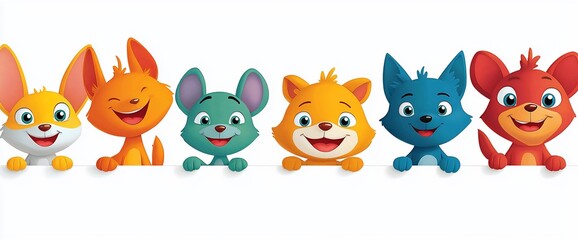 Naklejka premium Six adorable cartoon animals peeking over a white banner.