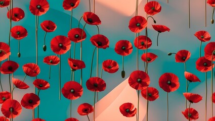 Red Poppy with Bud and Stem Background: A natural background featuring red poppy flowers in various stages of bloom, including buds and stems, against a soft, muted backdrop