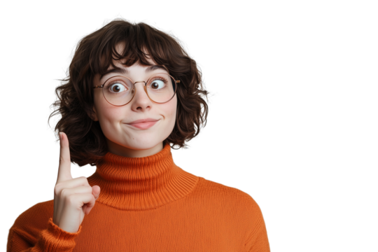 Woman in an orange turtleneck sweater smiles and points to the side, isolated on a transparent background. Vibrant and inviting. 4K quality.