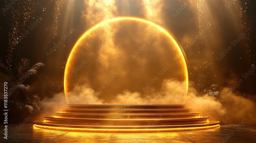 Poster golden podium illuminated by soft light and mist with dramatic smoke effect creating an enchanting a