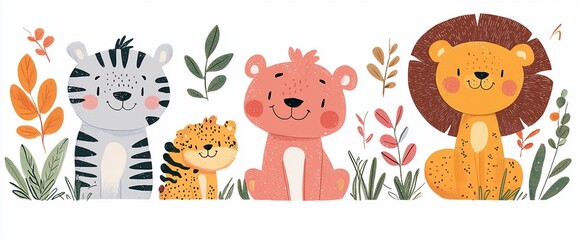 Cute cartoon safari animals sitting in grass.