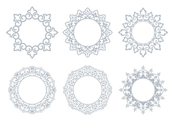 Set of decorative frames Elegant vector element for design in Eastern style, place for text. Floral gray and white borders. Lace illustration for invitations and greeting cards