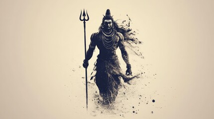Lord Shiva standing tall with a trident, surrounded by divine energy, set against a clean, minimalist background.