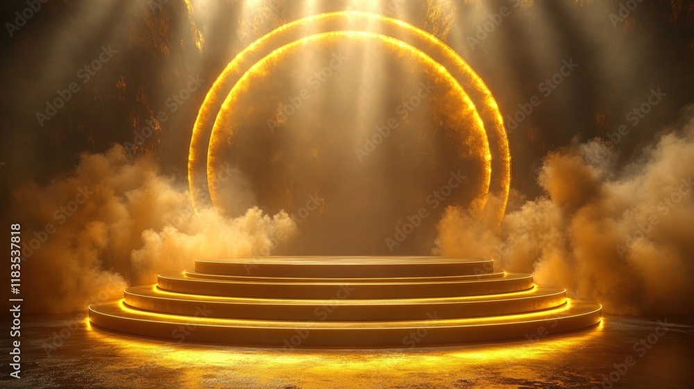 Poster golden illuminated podium surrounded by light and smoke in dramatic atmosphere with soft glow and en