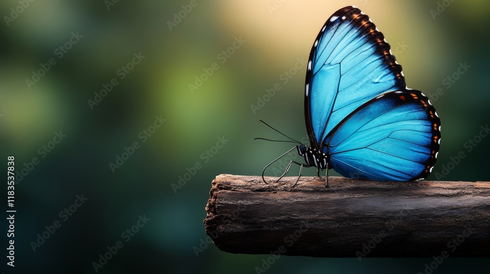 Poster blue butterfly is resting on a branch. concept of tranquility and peace, as the butterfly is in a na