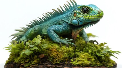 Obraz premium Vibrant Green Iguana on Mossy Base: A Realistic Artistic Display