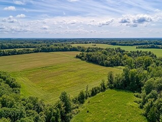 Obraz premium Aerial view of farmland, fields, and forests on a sunny day.