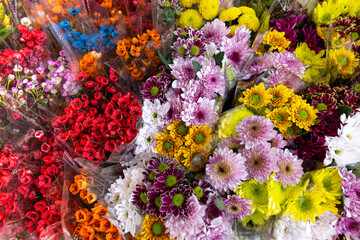 Colourful flower buquets arranged together