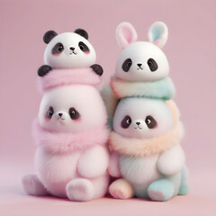 3D pandas and rabbits with pastel-colored fur on a plain pink background, highly detailed.