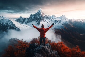 Triumphant hiker standing on a remote snow capped mountain peak arms raised in a celebratory gesture surrounded by a vast expanse of dramatic awe inspiring natural scenery with vibrant