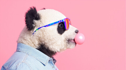 Trendy Panda Sporting Sunglasses and Denim Against Pink Backdrop. National panda day idea