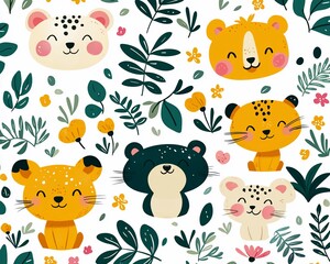 Adorable animal faces and foliage seamless pattern.