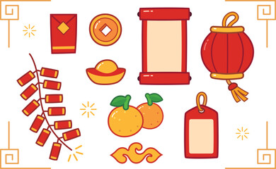 Happy chinese New Year.  Curtain lantern for banner design. Chinese CNY, hanging lamp and oranges, firecrackers, tag and golden coins