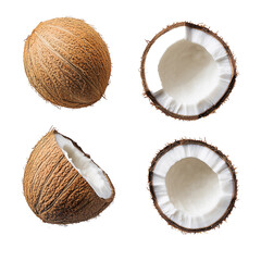 Set of coconuts isolated on a transparent background, top and side views, professional color grading, high-resolution.