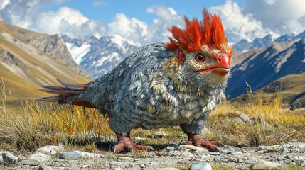 A fantastical bird-like creature with vibrant orange crest, standing in a mountainous landscape.