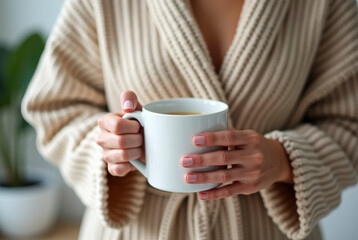Woman in bathrobe holding mug in indoor setting