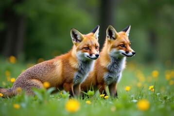 Two foxes in a meadow