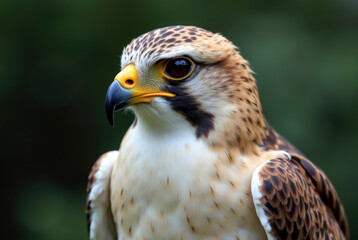 Obraz premium A focused hawk with sharp eyes and beak set against a green backdrop