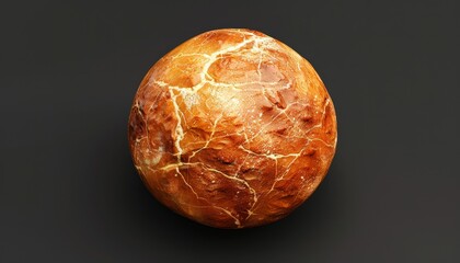 A perfectly round, golden brown loaf of bread isolated on a black background.