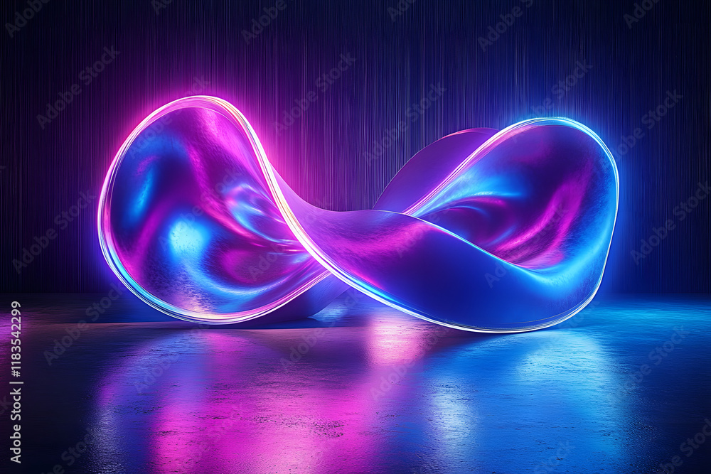 Poster a 3d rendering of futuristic blue and purple neon light shapes on a reflective concrete surface agai
