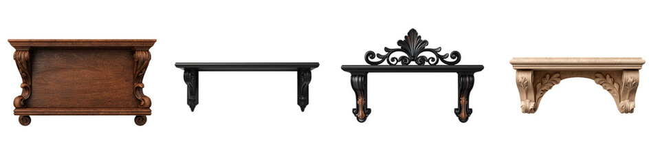 Assortment of various rustic vintage and decorative wooden wall shelves brackets plaques and other accent pieces for home decor and interior design  Showcasing a variety of styles textures