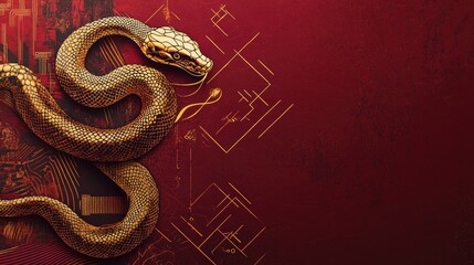 Obraz premium Bold and modern Chinese New Year wallpaper with a golden snake design, geometric patterns, and subtle zodiac elements on a deep red canvas.