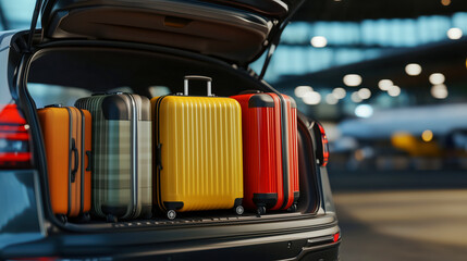 Open trunk of car with modern suitcases at airport, ready for travel