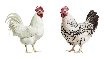 Fototapeta premium A White Rooster and a Spotted Hen, Isolated on Transparent and White Background