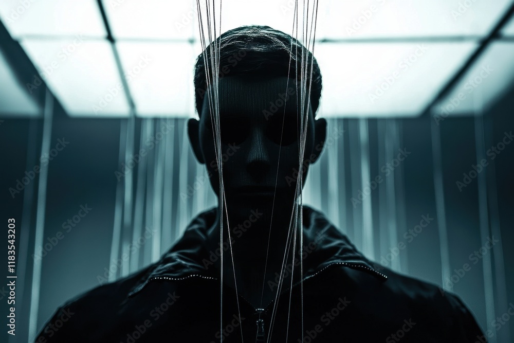 Poster a shadowy figure stands in dim light, surrounded by hanging strings, creating a mysterious and eerie