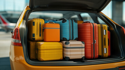 Open trunk of yellow taxi car with modern suitcases at airport, ready for travel