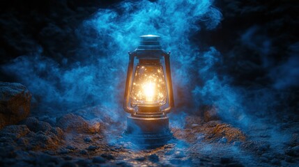Glowing lantern in smoky cave.