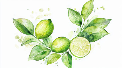 Watercolor wreath of green leaves and limes, vector illustration, white background, pastel colors, clip art