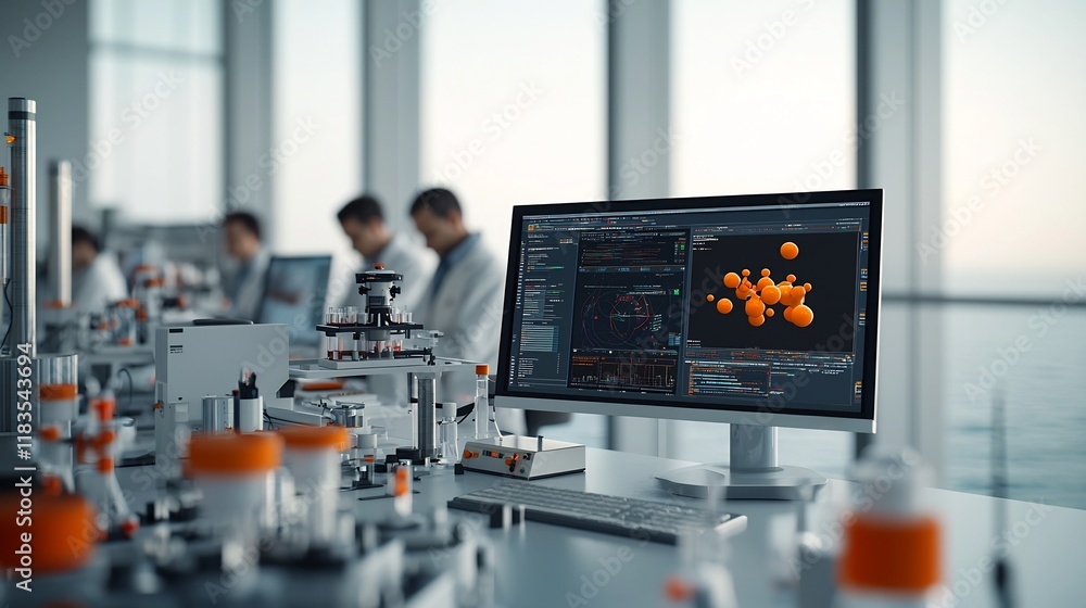 Poster sleek and modern offshore research laboratory where a team of scientists are intently focused on ana