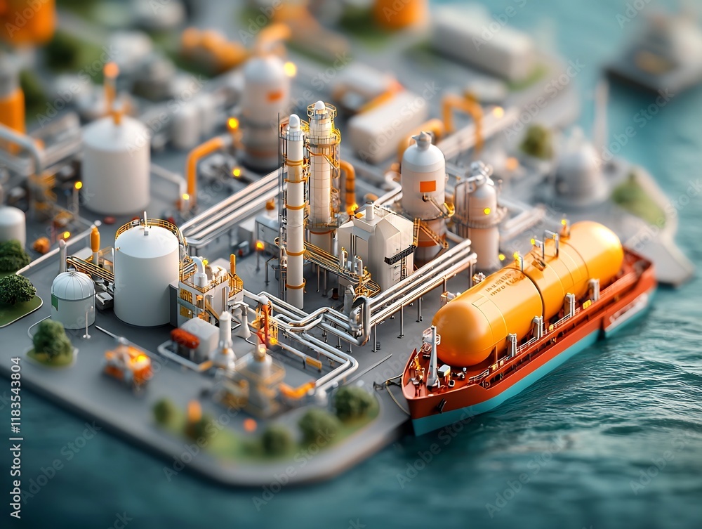 Poster bird s eye view of an imposing offshore liquefied natural gas terminal with towering structures and 